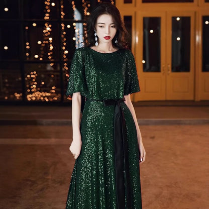 Elbow-Sleeve Evening Gown Round A-Line Glitter Neck
