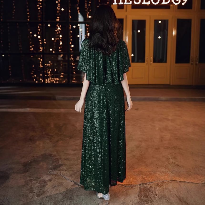 Elbow-Sleeve Evening Gown Round A-Line Glitter Neck