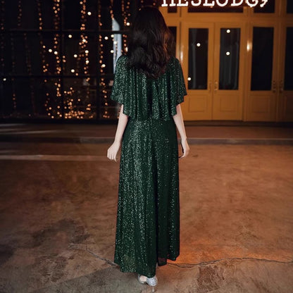 Elbow-Sleeve Evening Gown Round A-Line Glitter Neck