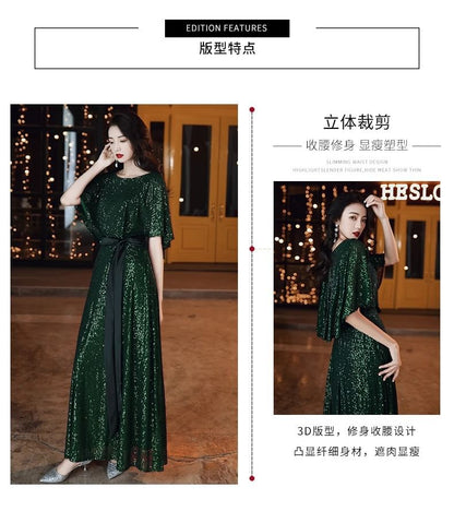 Elbow-Sleeve Evening Gown Round A-Line Glitter Neck