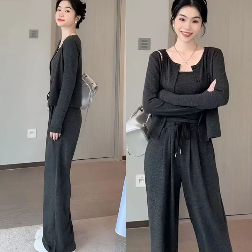 Crew Neck Cardigan Set with Slim Camisole and Drawstring Wide-Leg Pants