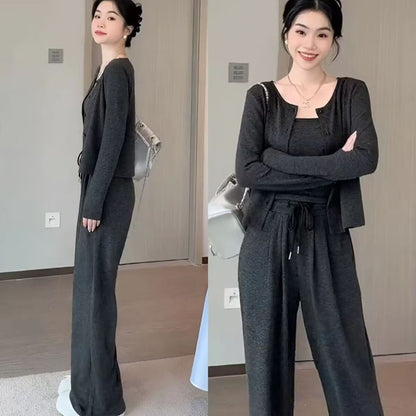Crew Neck Cardigan Set with Slim Camisole and Drawstring Wide-Leg Pants