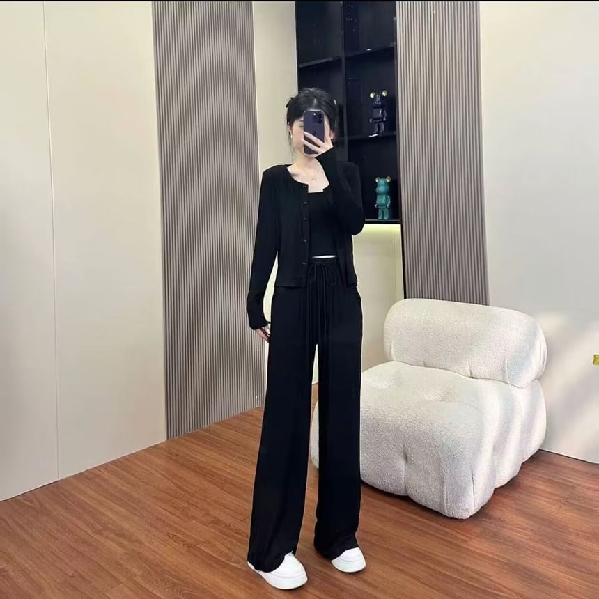 Crew Neck Cardigan Set with Slim Camisole and Drawstring Wide-Leg Pants