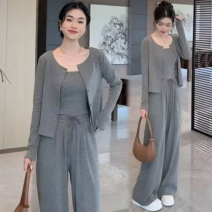 Crew Neck Cardigan Set with Slim Camisole and Drawstring Wide-Leg Pants