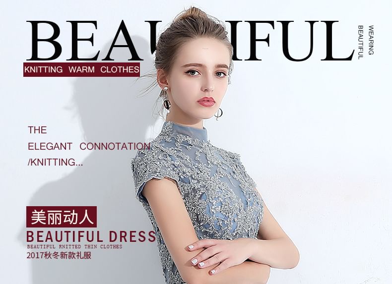 / Cocktail Lace Evening Short-Sleeve Dress Neck Panel Gown Mock