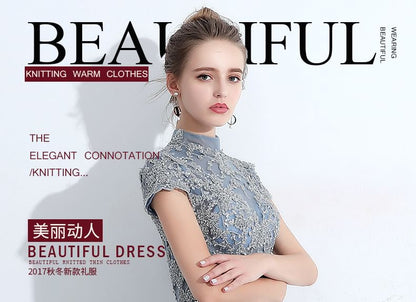 Short-Sleeve Mock Neck Lace Panel Evening Gown / Cocktail Dress