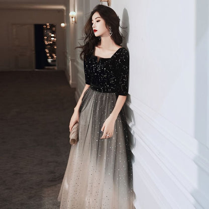Short-Sleeve Square Neck Glitter Gradient Evening Gown / Cocktail Dress