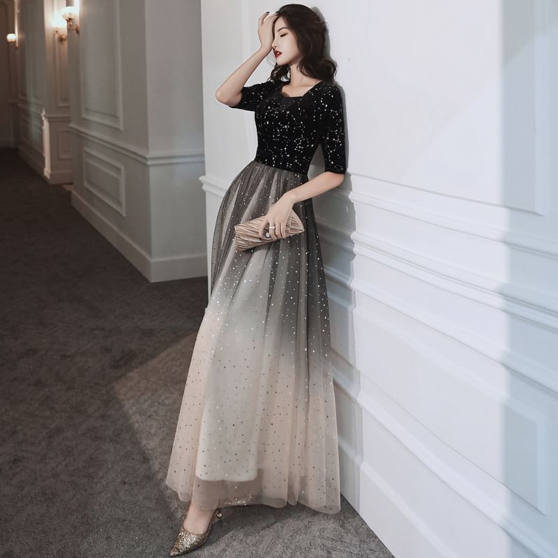 Short-Sleeve Square Neck Glitter Gradient Evening Gown / Cocktail Dress