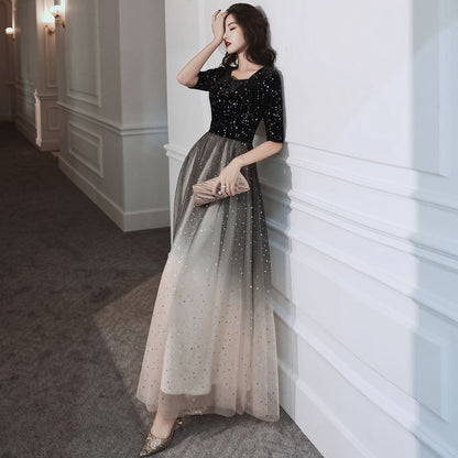 Short-Sleeve Square Neck Glitter Gradient Evening Gown / Cocktail Dress