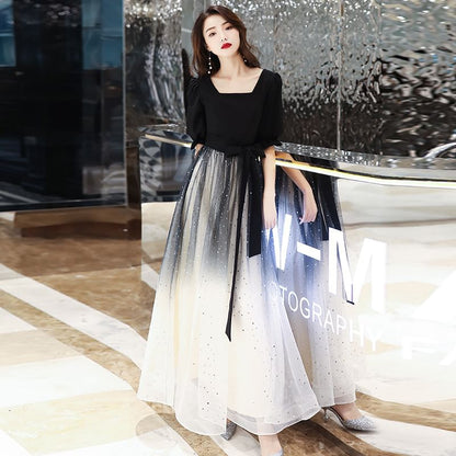 Short-Sleeve Square Neck Glitter Gradient Evening Gown / Cocktail Dress