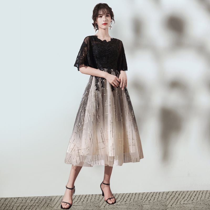 Short-Sleeve Glitter Gradient (Various Designs) Gown V-Neck Evening