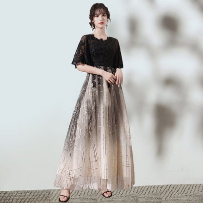 Short-Sleeve Glitter Gradient (Various Designs) Gown V-Neck Evening