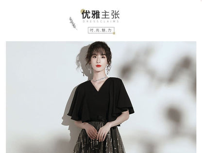Short-Sleeve Glitter Gradient (Various Designs) Gown V-Neck Evening