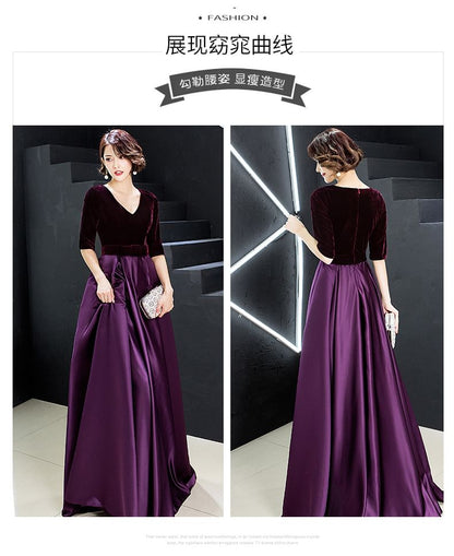 Velvet Evening V-Neck Short-Sleeve Gown A-Line Plain