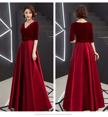 Velvet Evening V-Neck Short-Sleeve Gown A-Line Plain