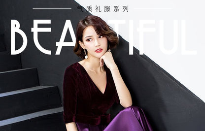 Velvet Evening V-Neck Short-Sleeve Gown A-Line Plain