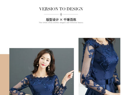 Long-Sleeve Round Neck Lace Panel Evening Gown