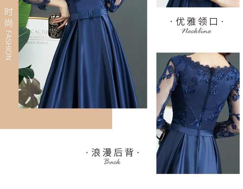 Long-Sleeve Round Neck Lace Panel Evening Gown