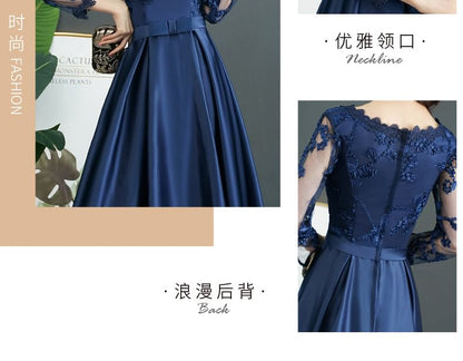 Long-Sleeve Round Neck Lace Panel Evening Gown