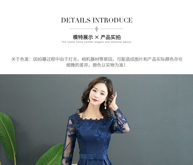 Gown Neck Panel Round Evening Lace Long-Sleeve