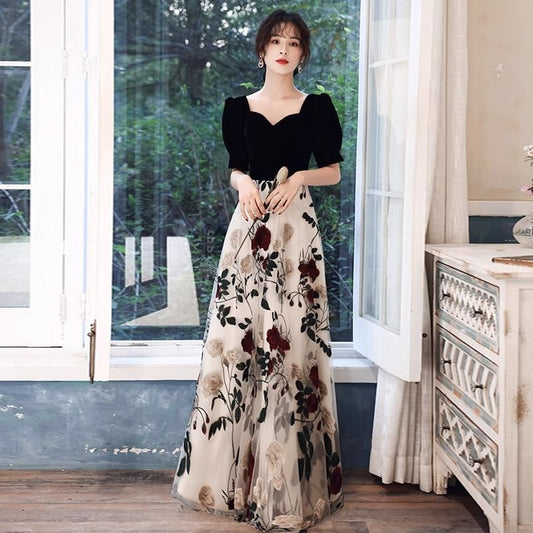 Short-Sleeve Square Neck Floral Panel Evening Gown / Cocktail Dress (Various Designs)