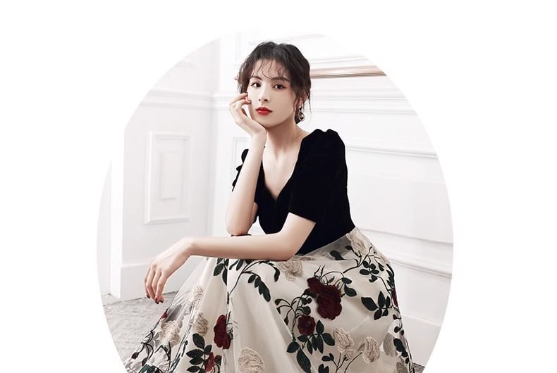 Short-Sleeve Square Neck Floral Panel Evening Gown / Cocktail Dress (Various Designs)