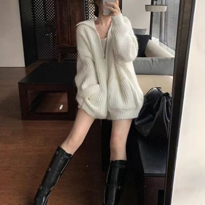 Ribbed Knit V-Neck Zip Cardigan