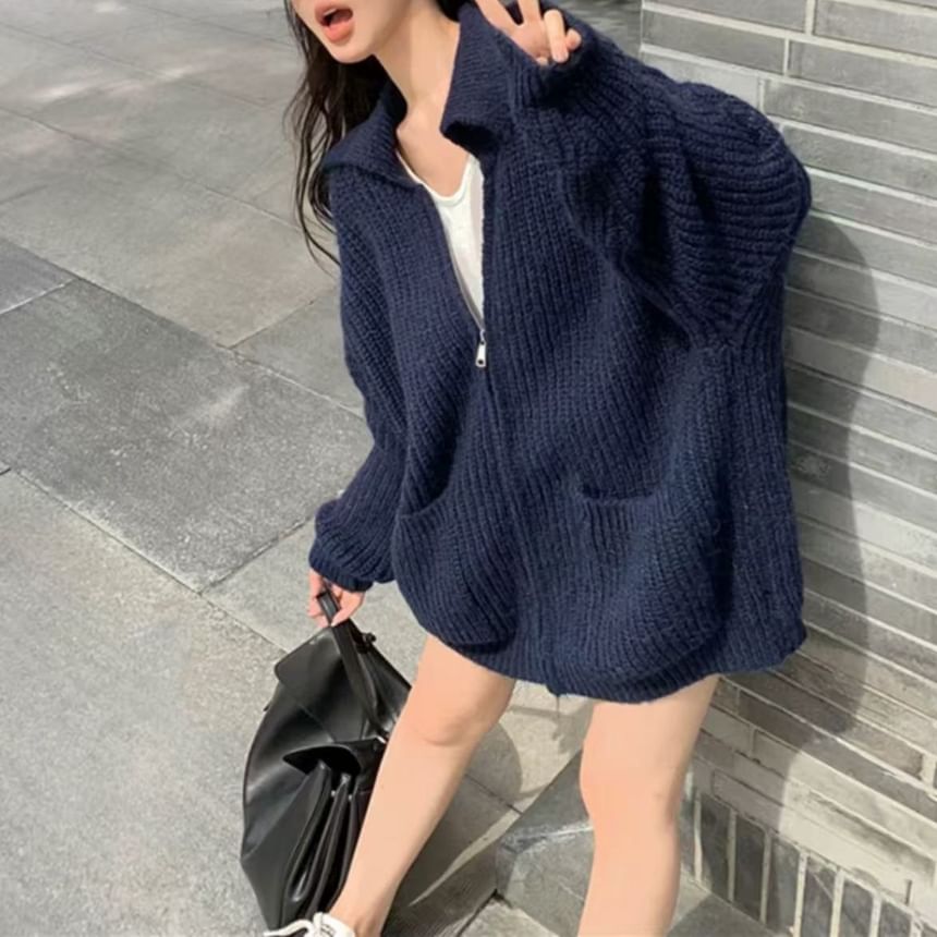 Ribbed Knit V-Neck Zip Cardigan