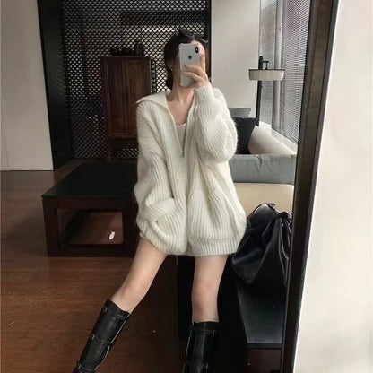 Ribbed Knit V-Neck Zip Cardigan