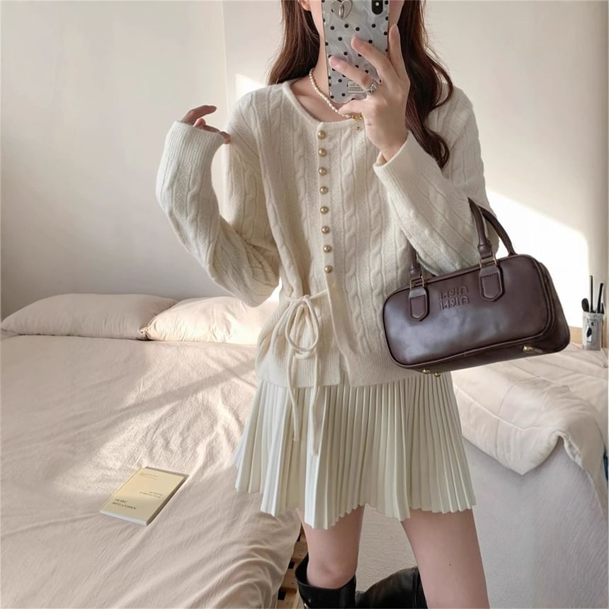 Round Neck Tie Waist Plain Cardigan