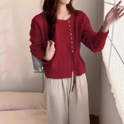 Round Neck Tie Waist Plain Cardigan