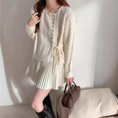Round Neck Tie Waist Plain Cardigan