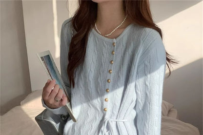 Round Neck Tie Waist Plain Cardigan