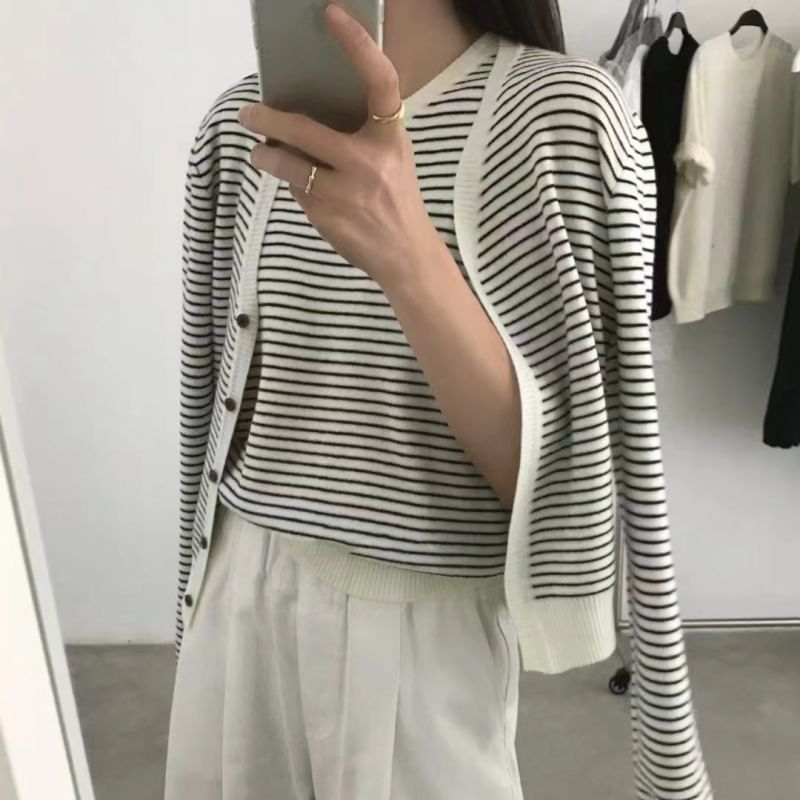 Striped Sleeveless Scoop Neck Knit Top and Button-Up Cardigan Set