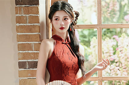 Sleeveless Floral Slit Midi Qipao / Fringe Shawl / Set