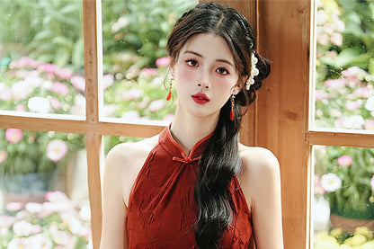 Sleeveless Floral Slit Midi Qipao / Fringe Shawl / Set