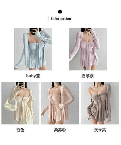 Ruched Padded Tube Top and Open Front Cardigan Set