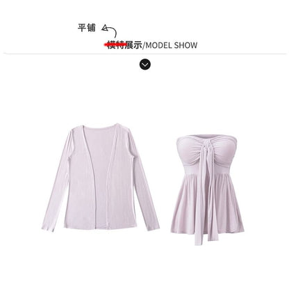 Ruched Padded Tube Top and Open Front Cardigan Set