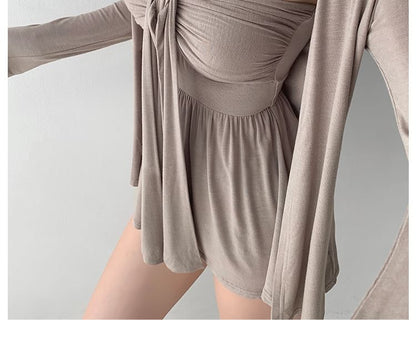 Ruched Padded Tube Top and Open Front Cardigan Set