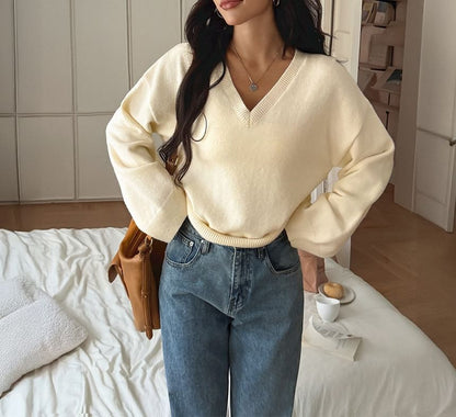 Plain Loose Fit V-Neck Extended Sleeve Knit Tee