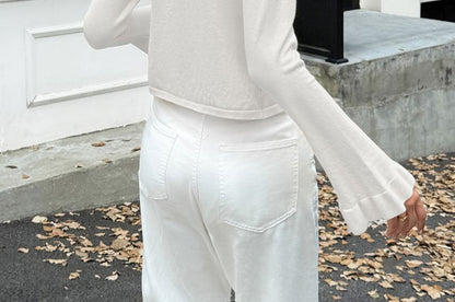 Long Sleeve V-Neck Ruffle-Trim Plain Light Cardigan
