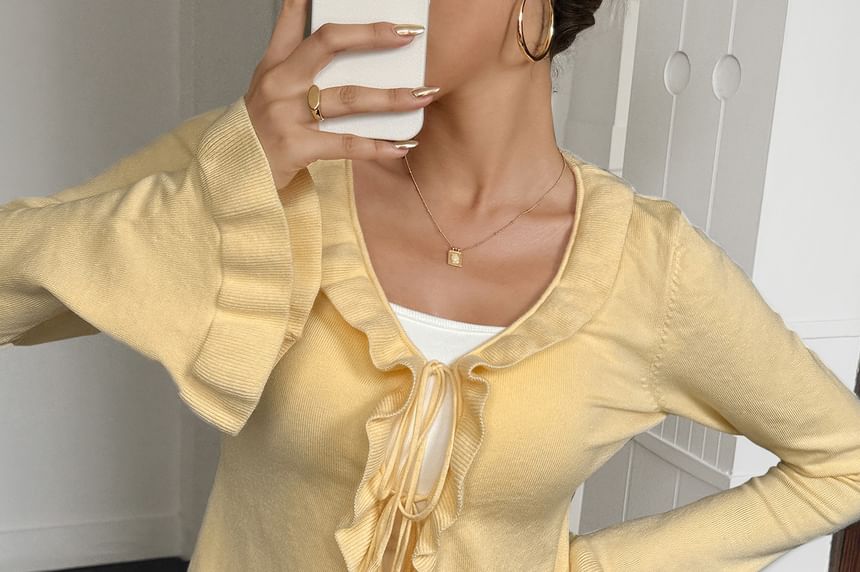 Long Sleeve V-Neck Ruffle-Trim Plain Light Cardigan