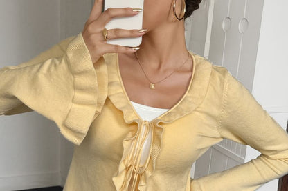 Long Sleeve V-Neck Ruffle-Trim Plain Light Cardigan