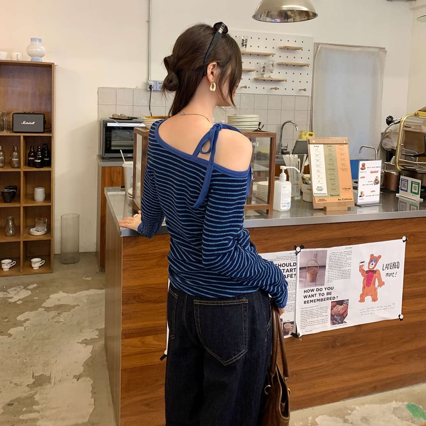 Off-Shoulder Long-Sleeve Striped Blouse