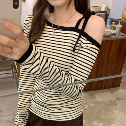 Off-Shoulder Long-Sleeve Striped Blouse