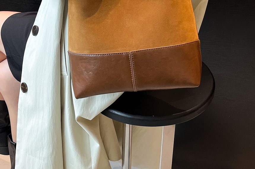 Panel Faux Suede Shoulder Bag With Pouch