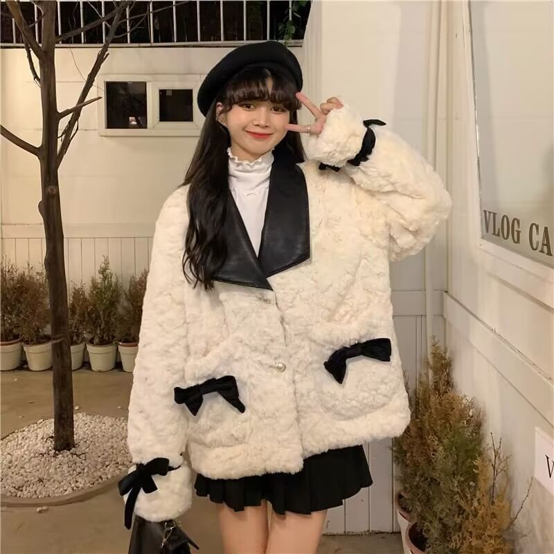 Contrast Collar Bow Accent Button-Up Fluffy Jacket
