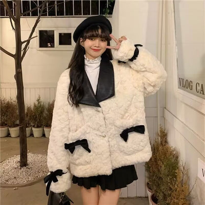 Contrast Collar Bow Accent Button-Up Fluffy Jacket