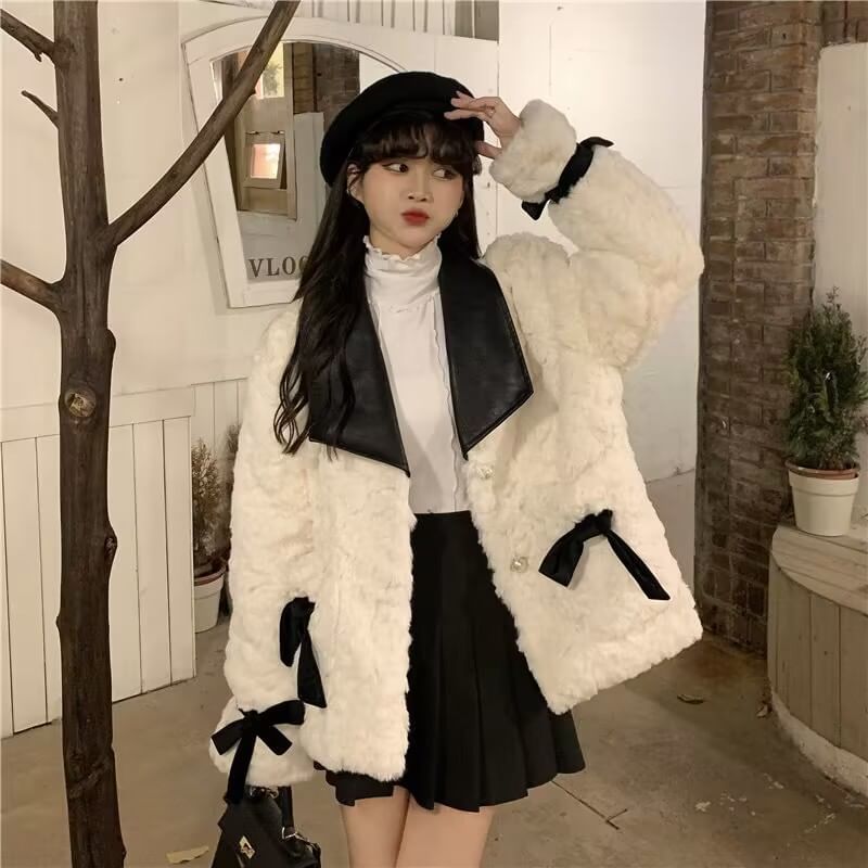 Contrast Collar Bow Accent Button-Up Fluffy Jacket