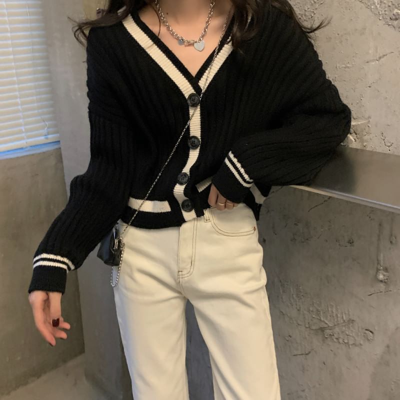 Two-Tone V-Neck Cardigan